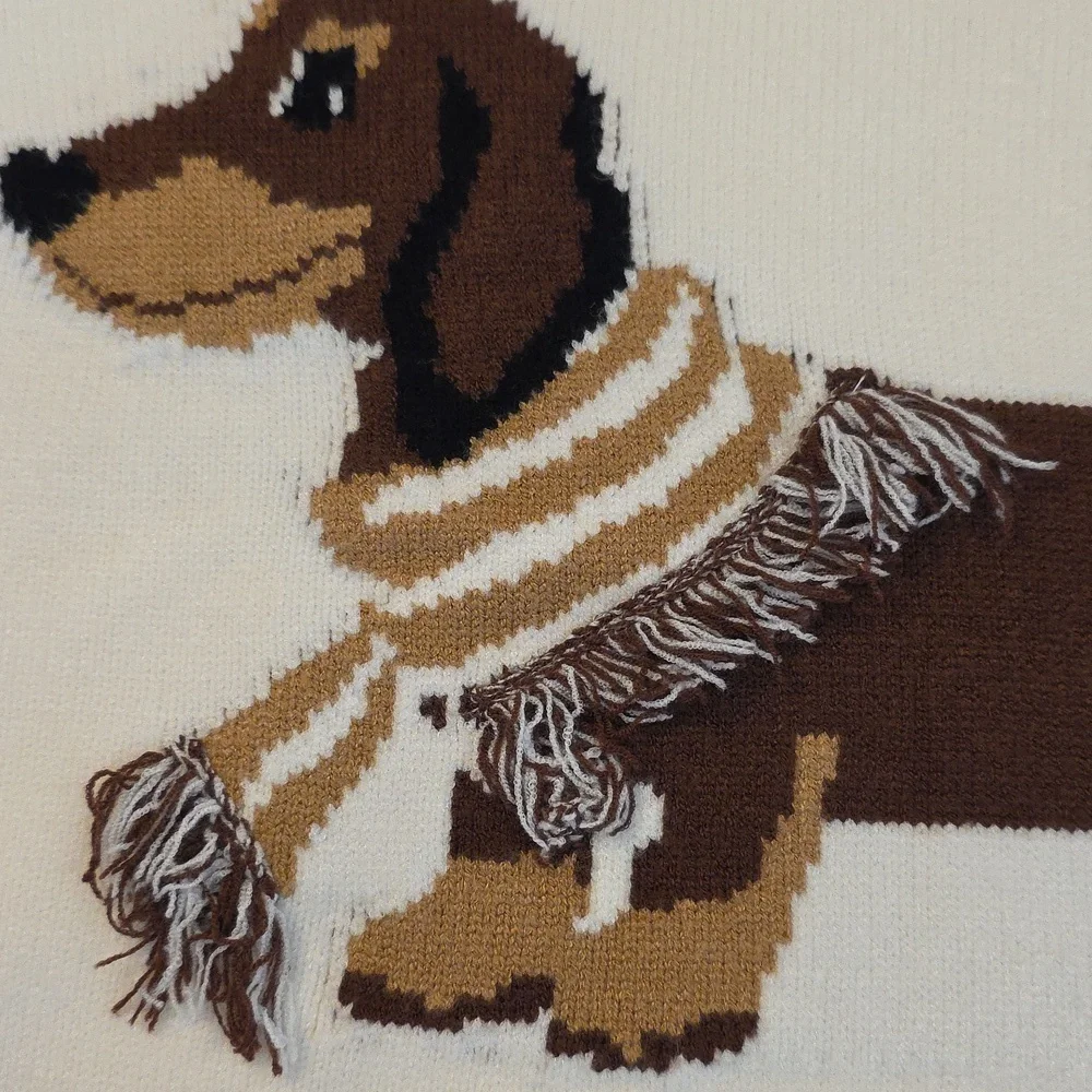 Calligraphie Dachshund Dog Intarsia Knit Crew Neck Sweater Cream Brown Medium - Picture 5 of 17